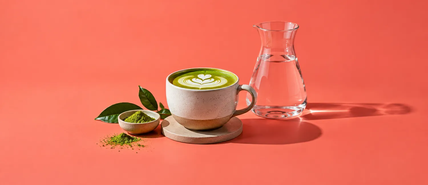 Kopp matcha latte och en glaskanna med vatten mot korallfärgad bakgrund