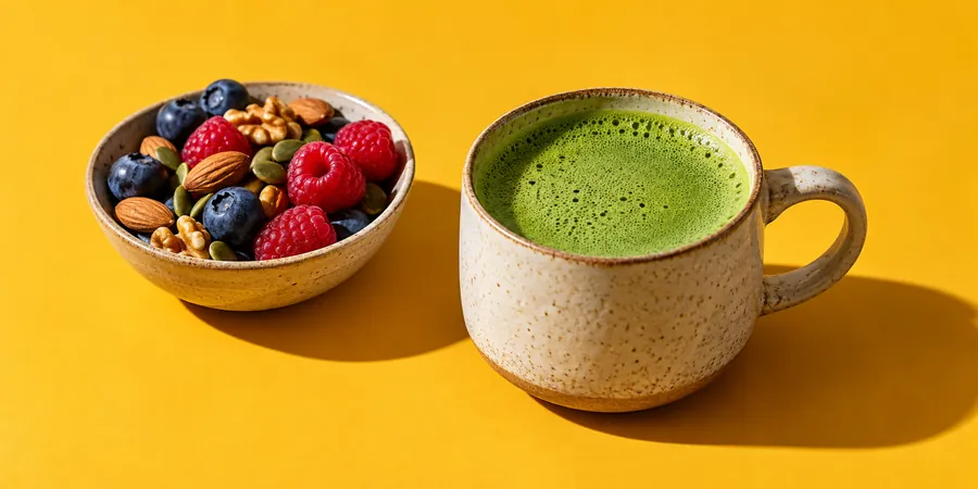 Kopp matcha på ett bord bredvid en skål med bär och nötter