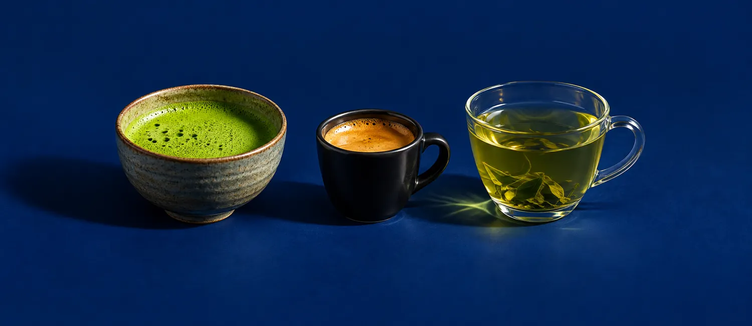 Skål med skummig matcha bredvid en espresso och en kopp grönt te mot mörkblå bakgrund