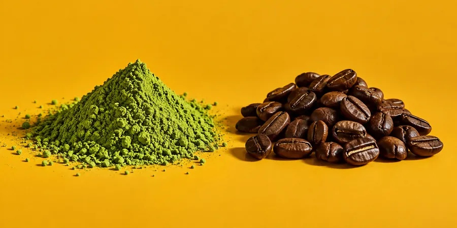 Matchapulver och rostade kaffebönor i två små högar