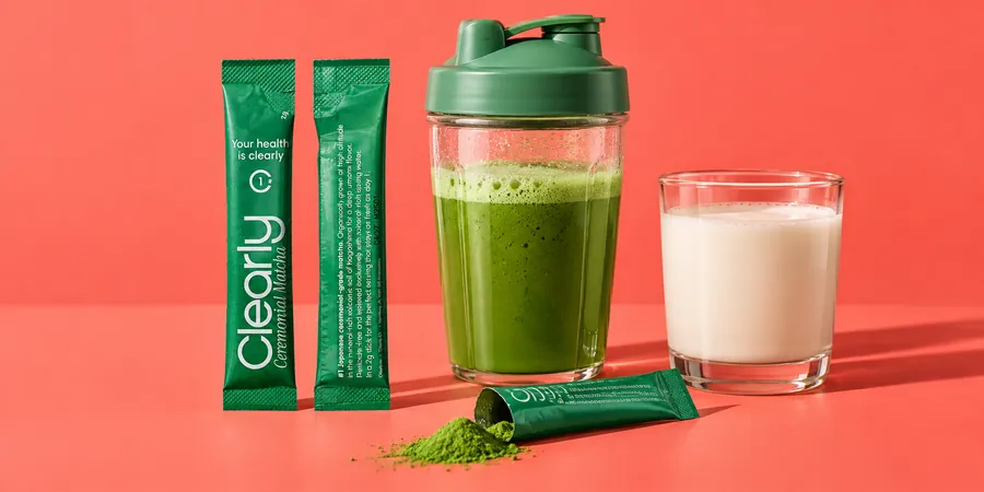 Clearly Matcha i stickor bredvid en shaker och ett glas mjölk