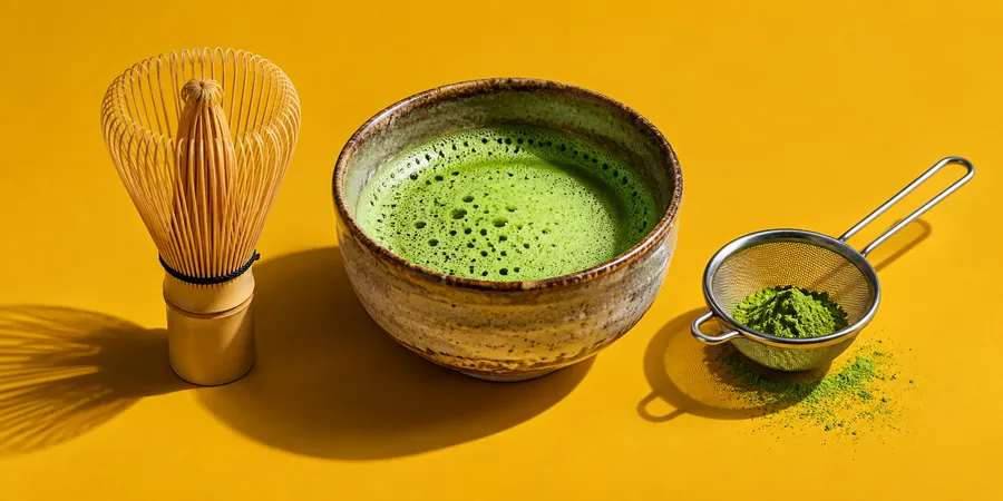 Bambuvisp, skål med skummig matcha och en liten sil med matchapulver