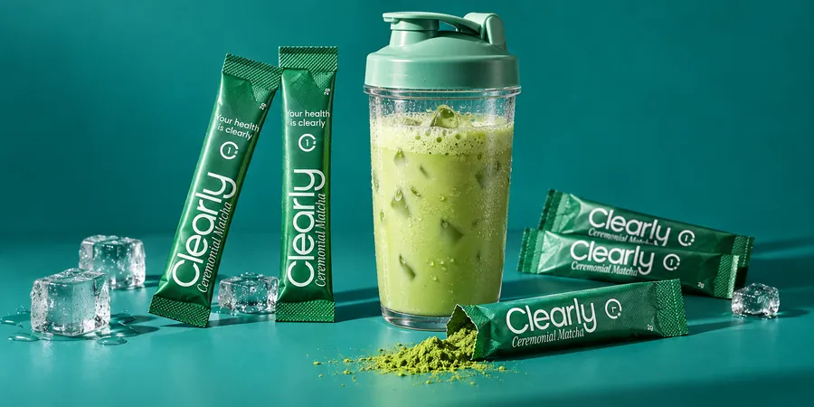 Förseglade gröna sticks med Clearly Matcha bredvid en shaker med skummig matcha latte