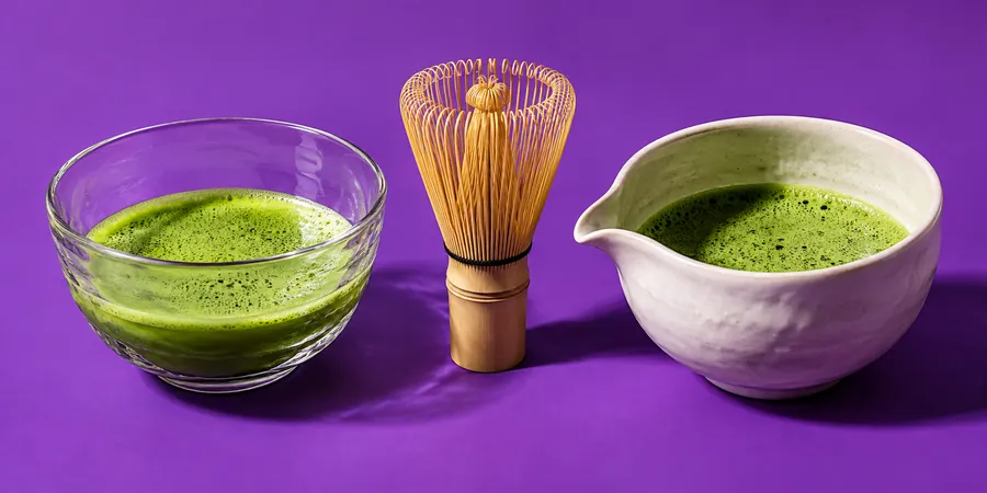 Matchaskål i glas och vit keramikskål med pip, båda med vispad matcha