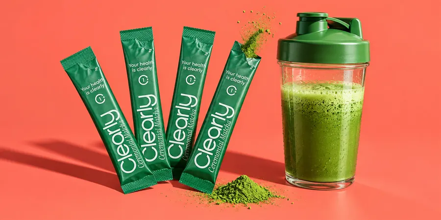 Clearly Matcha i förseglade stickor bredvid en shaker med matcha mot korallröd bakgrund