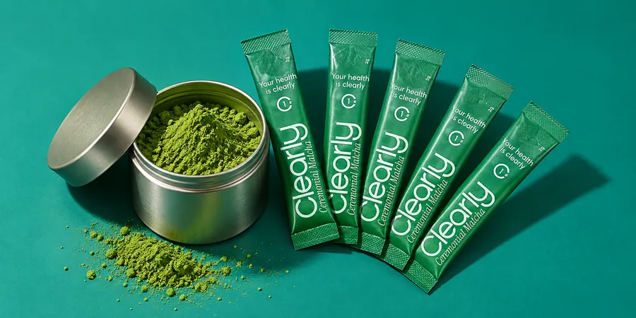 Clearly Matcha i förseglade stickor bredvid en öppen matchaburk mot turkos bakgrund